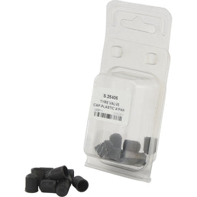 A package labeled "Tyre Valve Cap Plastic Agripak 10 pcs." by Sparex, featuring several black plastic tire valve caps, is shown.