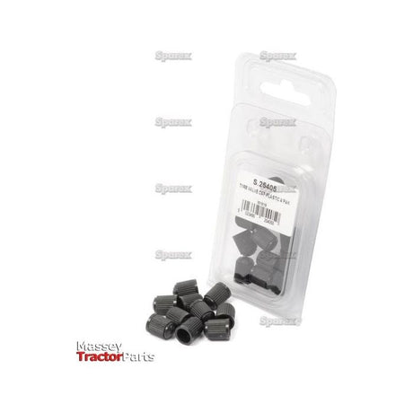 The Tyre Valve Cap Plastic Agripak 10 pcs. by Sparex, labeled "S.25405," contains several ribbed plastic caps. The package, displaying the Massey Tractor Parts logo, is standing next to some loose caps.