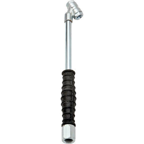 Image of a tire inflator with a silver metal shaft and a black ribbed handle. The inflator features the Sparex PCL Tyre Valve Connector (Twin Hold On) | Sparex Part No.S.13280 on its right-angle nozzle at the top.