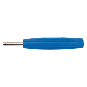 A Sparex Tyre Valve Removal Tool, identified by part number S.19824 and Tariff Code 8481900090, features a blue handle with a straight metal prong extending from one end, intended for tasks such as unlocking.