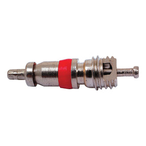 Close-up of a metal valve core with a red ring. The Sparex TYRE VALVE CORE-SHORT 430 (Sparex Part No.S.19278) features a threaded bottom and a small pin extending from the top.