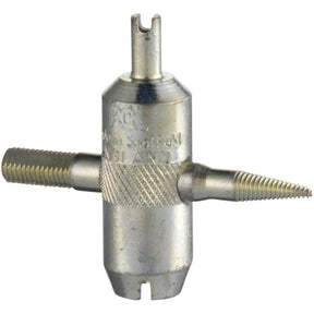 Close-up of the Sparex TYRE VALVE TOOL - S.13282 featuring a cylindrical metal body with a textured grip and two different-shaped screw heads extending from the sides. The text "England" is partially visible on the body, indicating its country of manufacture.