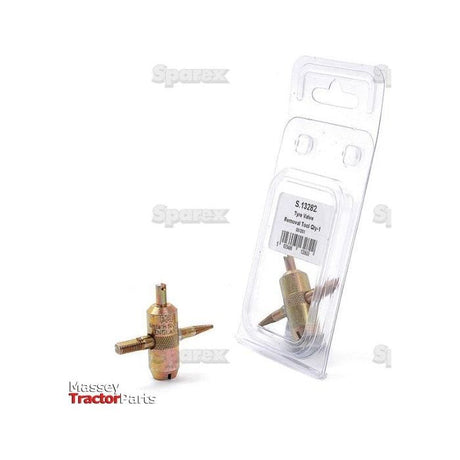 A Tyre Valve Tool, branded as Sparex and labeled "S.13282," is displayed alongside its clear plastic packaging. The tool has a brass finish and threaded ends. The packaging features a barcode and includes detailed product information for user convenience.