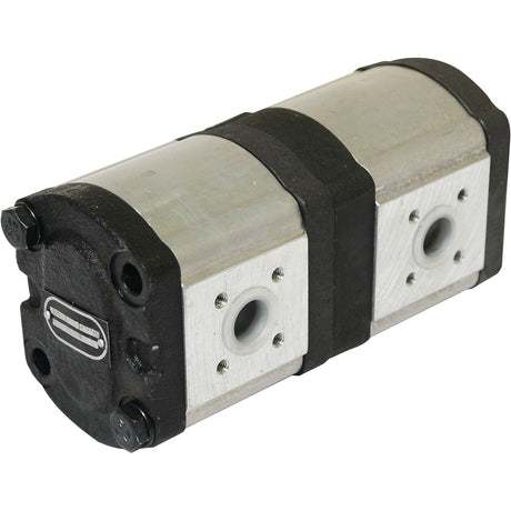 The Tandem Hydraulic Pump - S.34345 by Sparex features a robust metallic body with black end caps, equipped with multiple bolt holes and fluid ports on each side, and operates at a maximum pump speed of 3000 rpm.