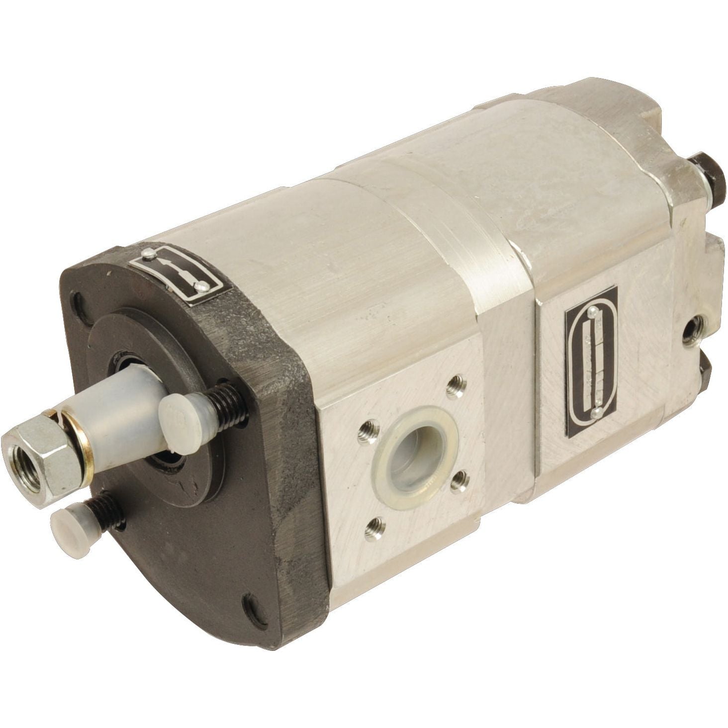 A Sparex Tandem Hydraulic Pump - S.34403, featuring a cylindrical metal body with various ports, bolts, and a shaft, is suitable for use in Case IH machinery.