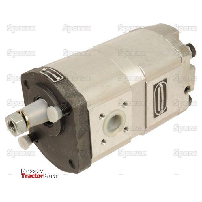 A hydraulic gear pump, specifically the Tandem Hydraulic Pump - S.34403 from Sparex, featuring a metal casing, cylindrical shape, and various connection points is displayed against a white background. The item is branded with "Massey Tractor Parts" and "Sparex", emphasizing its compatibility with International Harvester machinery.