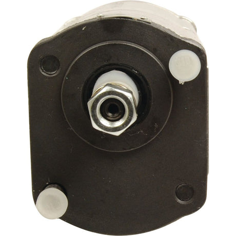 Front view of the Tandem Hydraulic Pump - S.34403 from Sparex, featuring a central bolt and nut assembly. The component is surrounded by a dark, rounded rectangular faceplate.