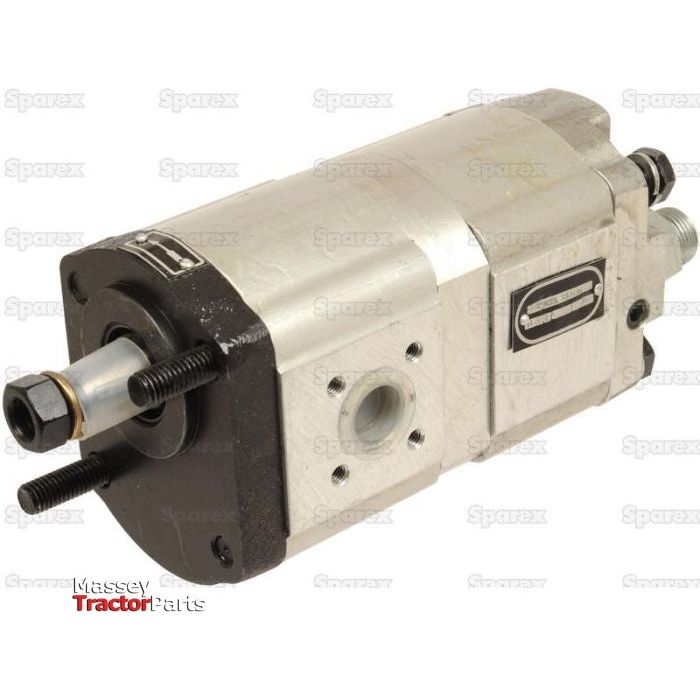 Close-up view of the Tandem Hydraulic Pump (Sparex Part No.S.34410) with a metallic casing and multiple connection points. The background shows a repetitive "Sparex" watermark, indicating it's compatible with Case IH / International Harvester equipment.