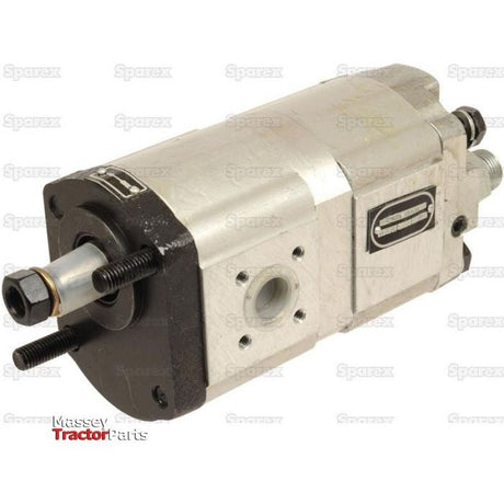 Close-up view of the Tandem Hydraulic Pump (Sparex Part No.S.34410) with a metallic casing and multiple connection points. The background shows a repetitive "Sparex" watermark, indicating it's compatible with Case IH / International Harvester equipment.