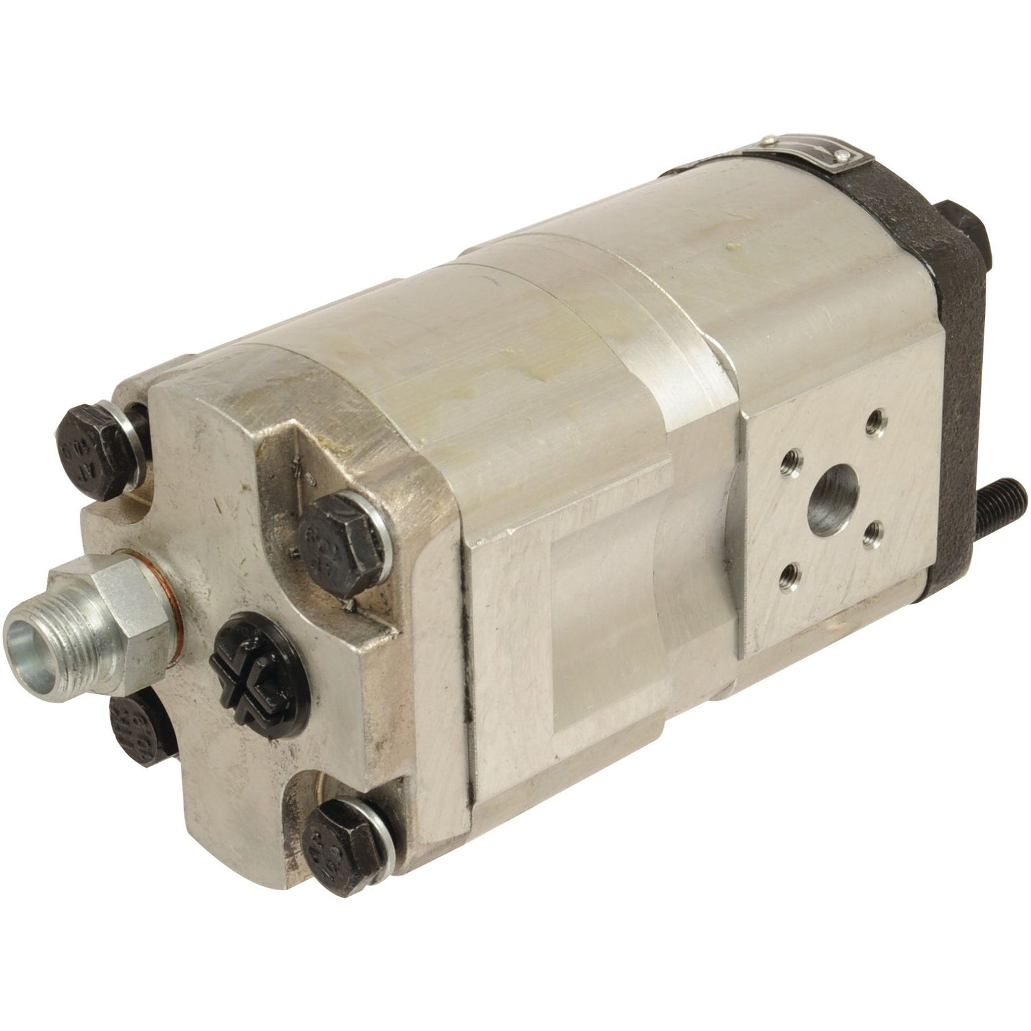 The Tandem Hydraulic Pump (Sparex Part No. S.34410) is a cylindrical metal component featuring various bolts and fittings on its surface, designed for fluid transfer in hydraulic systems. Often used in Case IH / International Harvester equipment, this reliable part can also serve as a Sparex replacement component.