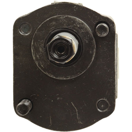 Close-up of a black mechanical component with a central rotating part, secured by four bolts at the corners, reminiscent of the robust design of the Sparex Tandem Hydraulic Pump (Part No. S.34410).