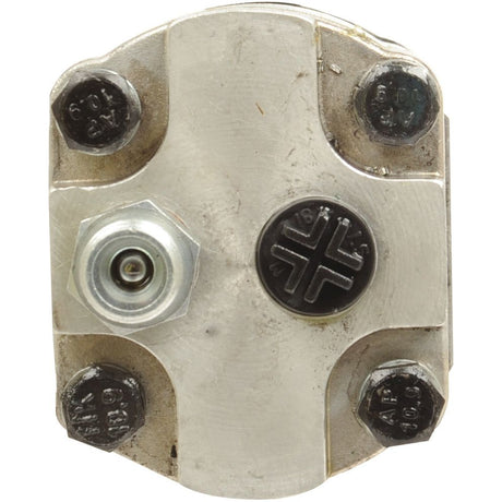 Close-up view of a metal mechanical component from the Sparex Tandem Hydraulic Pump (Sparex Part No. S.34410), featuring several screws and a central hexagonal bolt, designed for the Case IH / International Harvester tandem hydraulic pump system.