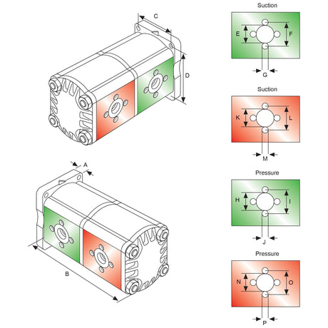 Diagram illustrating a Tandem Hydraulic Pump - S.34568 with labeled dimensions and sections indicating suction and pressure ports, compatible with Sparex components.