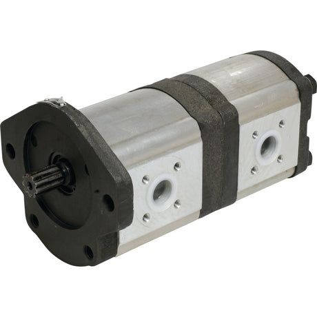 The Sparex Tandem Hydraulic Pump - S.34568 features a dual-stage hydraulic gear system with a metal housing and two circular ports on each stage. It includes a black mounting plate with a central shaft designed for operations up to 3000 rpm.