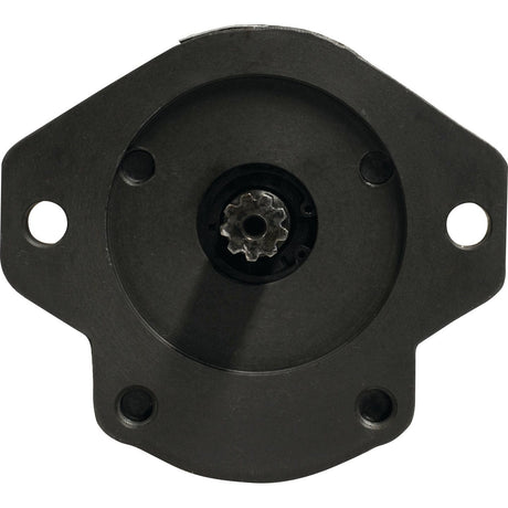 A black metal mechanical part, the "Tandem Hydraulic Pump - S.34568" by Sparex, features a circular center with a gear-like structure and three surrounding holes for mounting. It is compatible with Tandem Pump operations up to 3000 rpm.