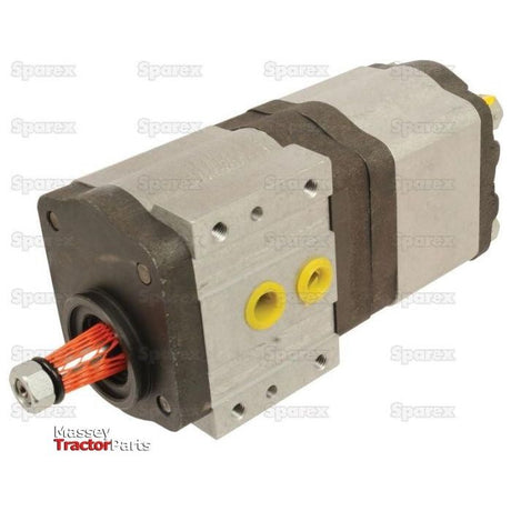 Image of the Tandem Hydraulic Pump - S.42172, a hydraulic gear pump with a metallic casing and multiple ports, commonly used in agricultural or industrial machinery. This anti-clockwise tandem pump component is manufactured by Sparex.