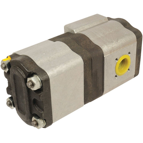 The Sparex Tandem Hydraulic Pump - S.42172 features a dark casing, four bolts on one side, and a yellow port on the other side, designed for anti-clockwise rotation.