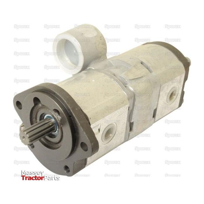 A hydraulic pump with dual chambers, a metal casing, and a drive shaft featuring clockwise pump rotation. The tandem pump is labeled "Tandem Hydraulic Pump - S.42943" by Sparex in the bottom left corner.