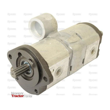 A hydraulic pump with dual chambers, a metal casing, and a drive shaft featuring clockwise pump rotation. The tandem pump is labeled "Tandem Hydraulic Pump - S.42943" by Sparex in the bottom left corner.