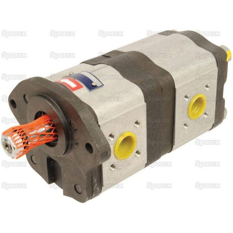 A Sparex Tandem Hydraulic Pump - S.43590, featuring multiple ports and a red protective cover on one end. The body is primarily silver with black and yellow accents, designed for clockwise pump rotation.