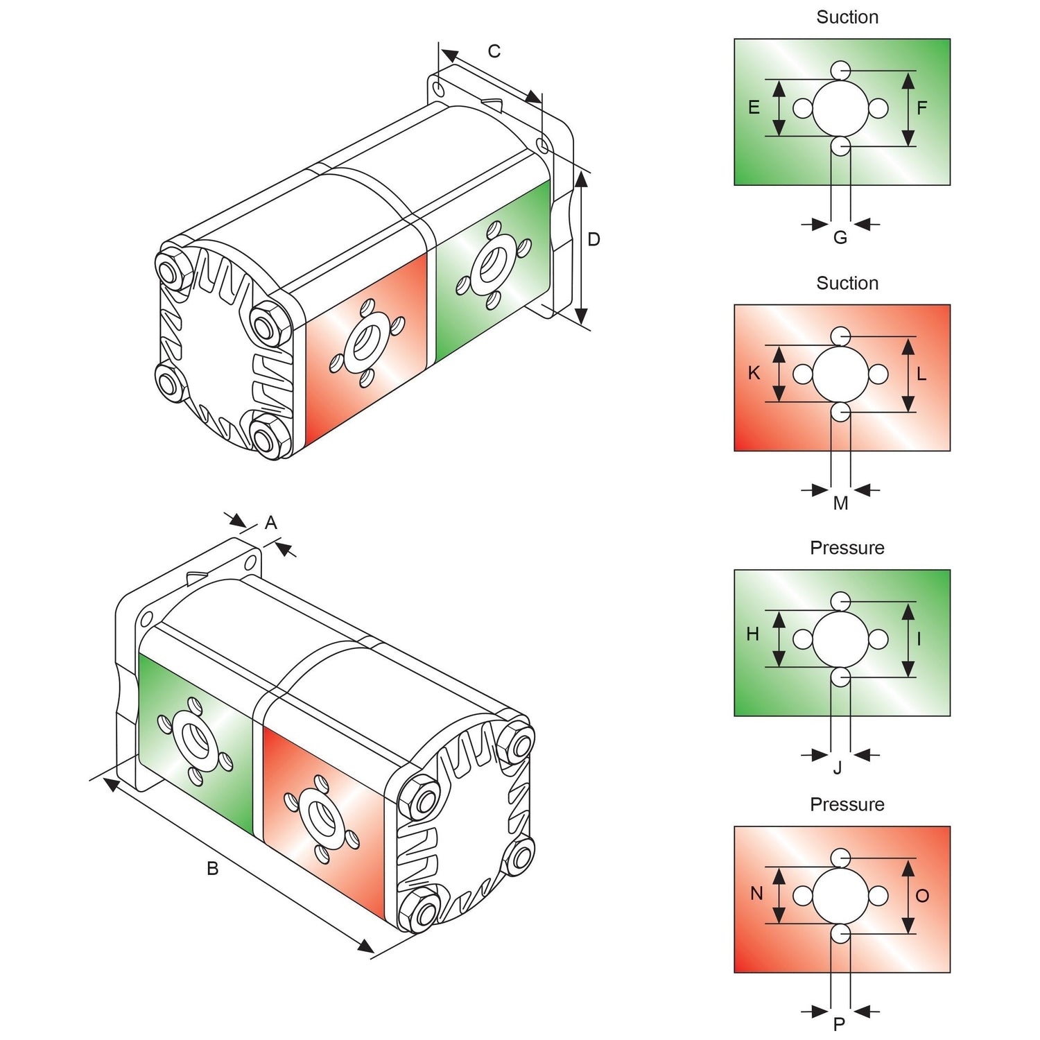 Illustration of the Tandem Hydraulic Pump - S.43958 by Sparex with detailed labeled diagrams indicating suction and pressure ports. The dimensions A, B, C, and D are provided along with port labels E-P for clarity. This specific model also features anti-clockwise pump rotation for improved efficiency.