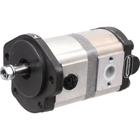 A Sparex Tandem Hydraulic Pump - S.43958, designed in silver and black with metal fittings, is showcased. This pump features multiple ports and a rotating shaft, ensuring reliable performance.