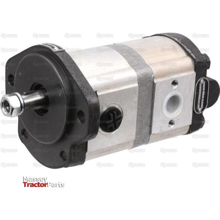 Close-up image of a Sparex part, specifically the Tandem Hydraulic Pump (S.43958), showcasing metal and black plastic components.