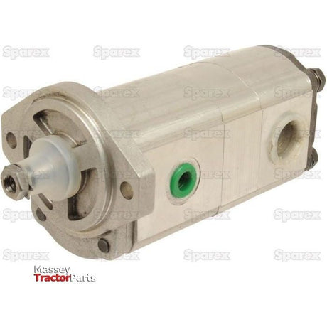 Image of a Tandem Hydraulic Pump - S.44124 featuring green and silver metallic components, labeled with Massey Tractor Parts and Sparex watermarks, showcasing its tandem design for maximum pump speed.