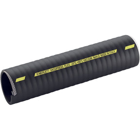 A black, ribbed tanker hose under the brand name Sparex featuring yellow labeling that reads "MERLETT VACUPRESS FLEX -25°C+60°C VACUUM 9mmH20 MADE IN ITALY." Named Hose ID S.135673, this product's specifications underscore its durability and reliability.