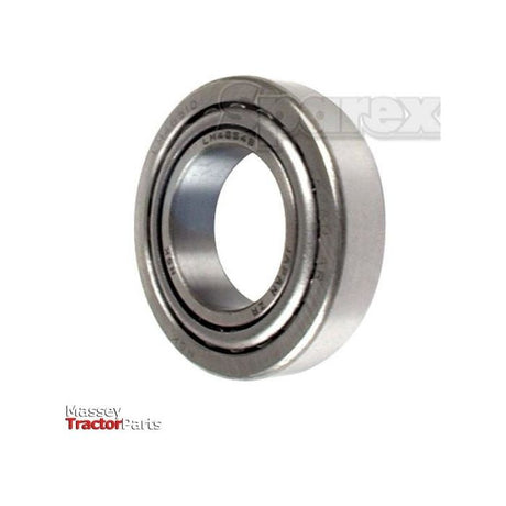 A metal bearing labeled with the part number "LM48548" is displayed, with "Massey Tractor Parts" and the brand "Sparex" visible in the background, indicating key manufacturing details. The product corresponds to Sparex Taper Roller Bearing (09067/3920) - S.2968.