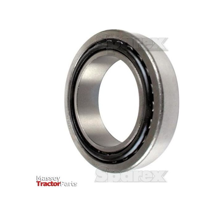 Close-up of a metallic taper roller bearing with a gray outer ring and black inner ring. The text "Massey Tractor Parts" and "Sparex Taper Roller Bearing (32013) - S.18247" is visible in the background, highlighting the precision of this metric component manufactured by Sparex.