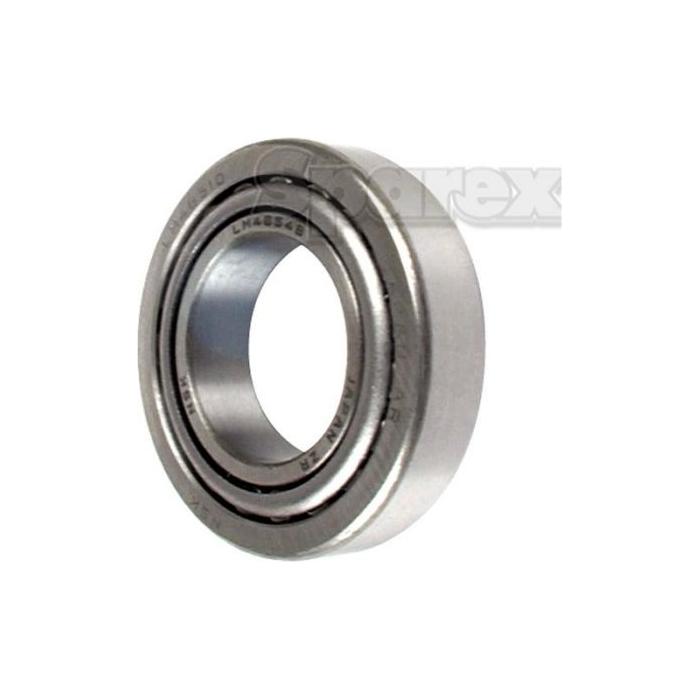 Close-up image of the Sparex Taper Roller Bearing (84510/M84548) - S.18509, featuring an outer ring and an inner ring, designed to reduce friction in rotating mechanical parts, and suitable for Case IH / International Harvester equipment.