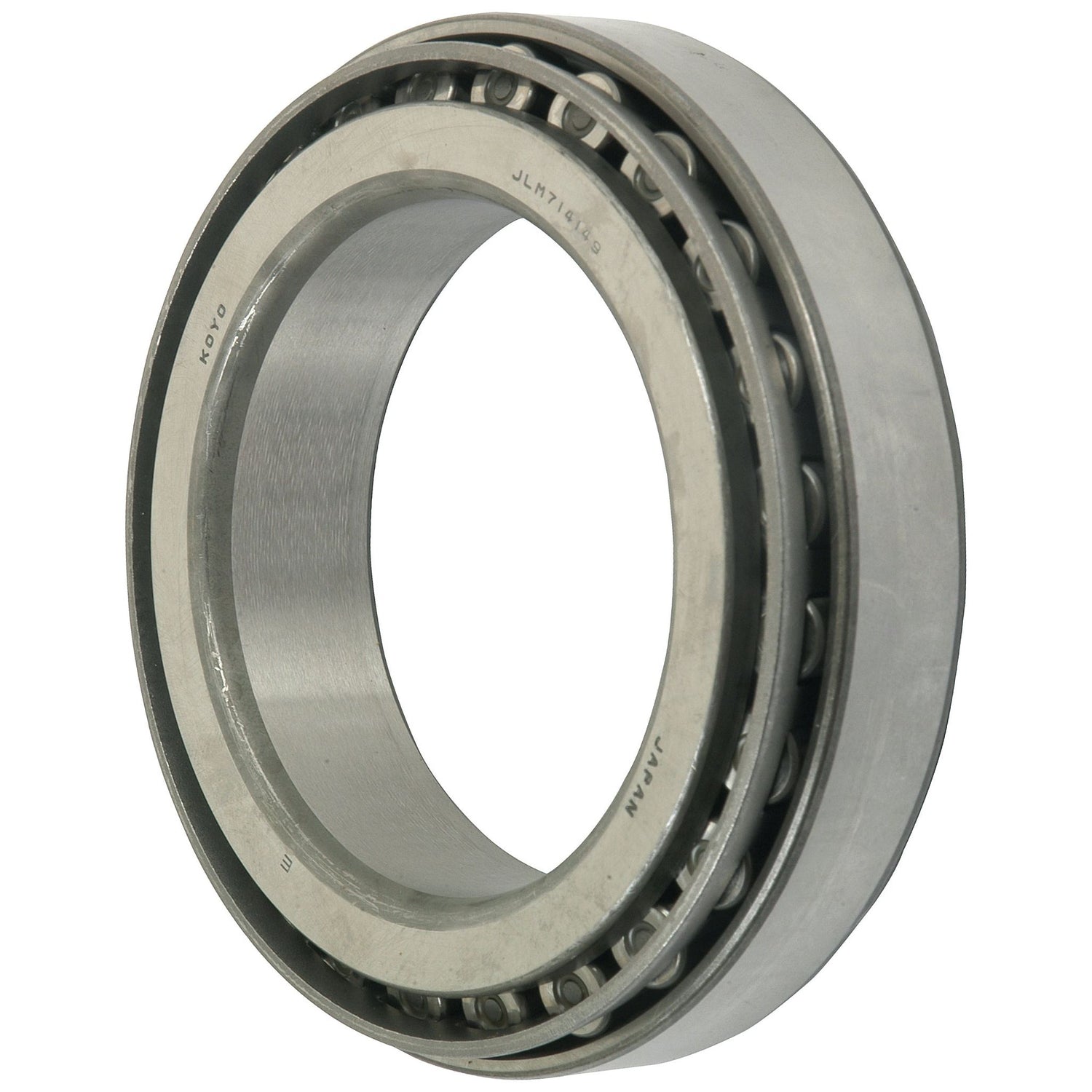 A close-up view of a cylindrical roller bearing made of metal, showcasing the inner and outer rings with cylindrical rollers in between, resembling the precision of a Sparex Taper Roller Bearing (JLM714149/JLM714110) - S.43417 from Sparex.