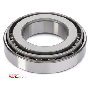 A cylindrical metal roller bearing designed to handle both radial and thrust loads, featuring an open interior and outer ring, labeled with "Massey Ferguson - Tapered Roller Bearing - X619049041009" by AGCO in the bottom left corner. Suitable for various Massey Ferguson models.