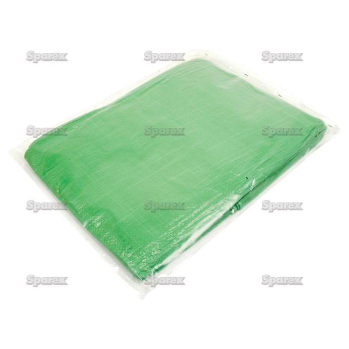 A folded green Sparex tarpaulin (7.0 x 9.0M - S.13903), wrapped in clear plastic packaging, includes manufacture information for user convenience.