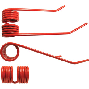 Three left-handed Tedder haytines from Sparex, measuring 360mm in length, 105mm in width, and Ø9mm in diameter, are shown. These tightly coiled springs with extended end arms serve as replacements for JF models and are reminiscent of those used in the JF 320 series.