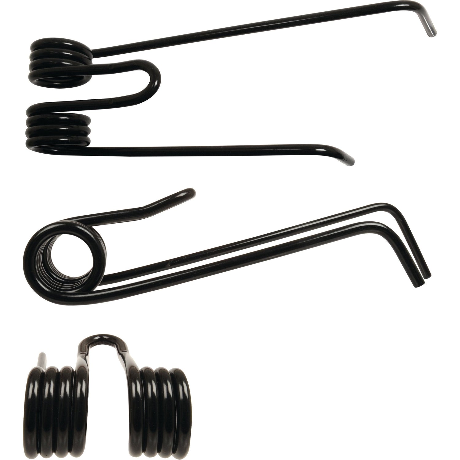 Here are three black torsion springs with coiled ends and straight bars, available in different shapes and sizes, ideal for various applications. Specifically, the Tedder haytine - LH from Sparex measures 372mm in length, 105mm in width, and has a diameter of 9mm. This product is a perfect replacement part (Sparex Part No.S.78120) for Lely machines like the LOTUS300COMBI.