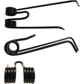 Here are three black torsion springs with coiled ends and straight bars, available in different shapes and sizes, ideal for various applications. Specifically, the Tedder haytine - LH from Sparex measures 372mm in length, 105mm in width, and has a diameter of 9mm. This product is a perfect replacement part (Sparex Part No.S.78120) for Lely machines like the LOTUS300COMBI.