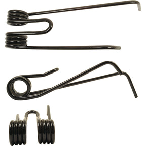 Three Sparex Tedder haytines, each with unique shapes and coiling designs, are displayed separately on a white background. These left-hand replacements for Lely (Part No.S.78994) were designed by Grange & Walter and measure 379mm in length, 101mm in width, and Ø9mm in diameter.