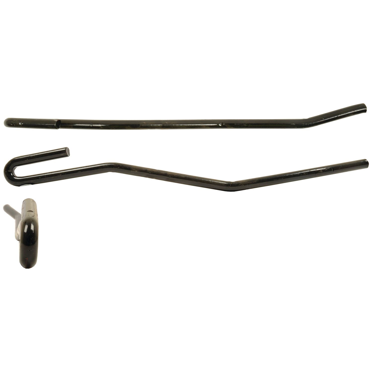 Three black metal Tedder hay tines with various bends and hooks, displayed on a white background. Ideal for Vicon RC300 or similar models, these pins are cataloged under S.77906 by Sparex as a replacement for 90036190.