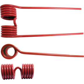 Three red Sparex Tedder haytines of varying lengths; one measuring 375mm with a large coil at the end, another featuring a smaller coil and an extended tail, and a shorter version with a tight coil in the middle—an example of precise engineering, modeled as replacements for Claas and Bautz machinery parts, under part no. S.22837.