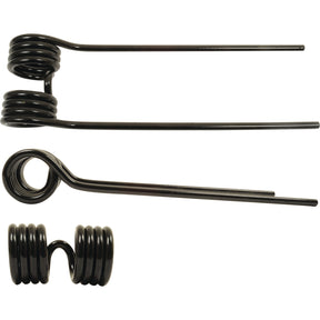 Three black Tedder haytines from Sparex are arranged horizontally against a white background. Suitable as replacements for Kuhn machinery (57601100), the top two tedder haytines feature extended arms, while the bottom one has a more compact design. These haytines, identified as Sparex Part No.S.78110, have distinct outer Ø measurements and precise configurations for optimal application: Length 386mm, Width 111mm, Ø9.5mm.