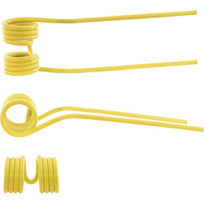 Here are three yellow Tedder haytines from Sparex, arranged in different orientations. Each tine is 390mm long, 102mm wide, and Ø9.4mm thick with a coiled spring section at one end. Compatible with Agram FC500 and Gallingnani models, these tines are referenced as Primary OE Reference 821039 and can be found under Sparex Part No.S.21314.
