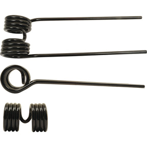 Displayed against a white background are three black metal torsion springs of varying sizes and coil configurations, closely resembling the Tedder haytine components detailed in the Primary OE Reference catalogs by Sparex—Brand Name: Sparex, Product: Tedder haytine (RH & LH), Dimensions: 394mm length, 110mm width, Ø9.5mm; Replacement for Kuhn To fit as 57609000 | Sparex Part No. S.78111.