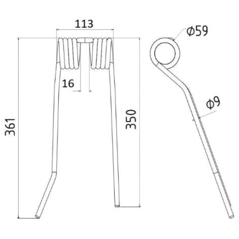 Technical drawing of the Tedder haytine - RH (Narrow - Yellow) component by Sparex, with dimensions including a length of 361mm, width of 113mm, outer diameters Ø9mm and Ø59mm. The drawing shows front and side views intended for use in a RH Fixing Kit. This replacement part is suitable for PZ, Fransgard, Pottinger, Sitrex machinery and fits as PZ106. The Sparex part number is S.78149.