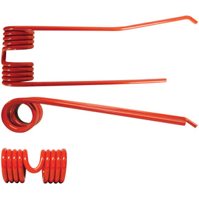 Three Tedder haytines, each with unique shapes and sizes and varying in length and outer diameter, are displayed on a white background. These right-hand springs measure 368mm in length, 111mm in width, and have an outer Ø of 9mm. They are designed as replacements for Lely models with part number 73135. The Sparex part number is S.78057.
