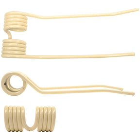 Three views of a cream-colored coiled Tedder Haytine by Sparex: a side view showcasing an upright S-shaped coil, a top view highlighting a circular coil with an Outer Ø of 59mm, and a front view displaying stacked coils. (Product Name: Tedder haytine - RH - Length: 371mm, Width: 100mm, Ø9mm - Replacement for PZ To fit as: PZ224 | Sparex Part No.S.78163)