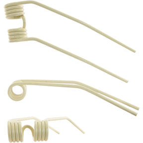 Close-up of three white metal torsion springs of varying sizes arranged vertically on a white background. Each spring, similar to the Tedder haytine - RH (Sparex Part No. S.78075), used as a replacement for Deutz-Fahr machinery (06229777), has a coiled end and extended straight arms. Specifications include a length of 374mm, width of 101mm, and diameter of 9mm.