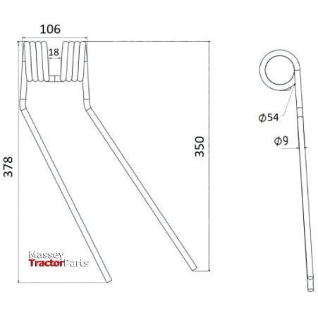Tedder haytine - RH -  Length:378mm, Width:106mm,⌀9mm - Replacement for Fella
 - S.78937 - Massey Tractor Parts