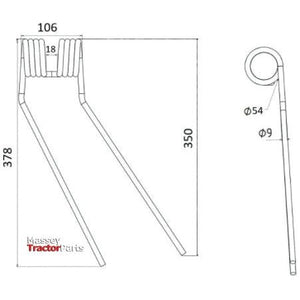 Tedder haytine - RH -  Length:378mm, Width:106mm,⌀9mm - Replacement for Fella
 - S.78937 - Massey Tractor Parts
